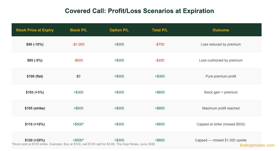 Covered call profit and loss scenarios at expiration chart