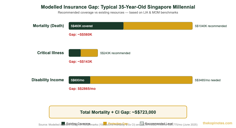 Singapore millennial insurance gap scenario showing S$723K combined mortality and critical illness shortfall