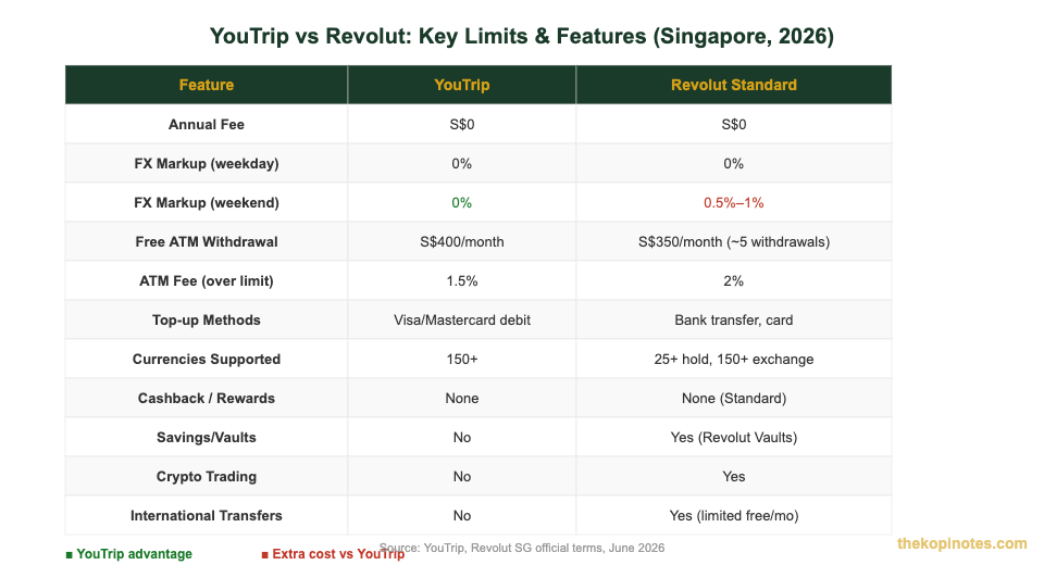 YouTrip vs Revolut Singapore feature and limits comparison table 2026