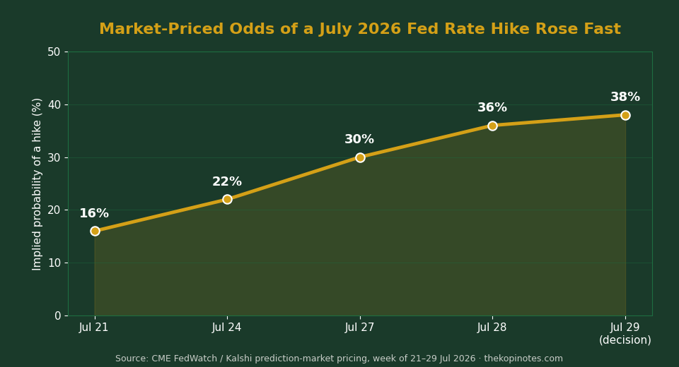Chart showing market-priced odds of a July 2026 Fed rate hike rising from 16% to 38%