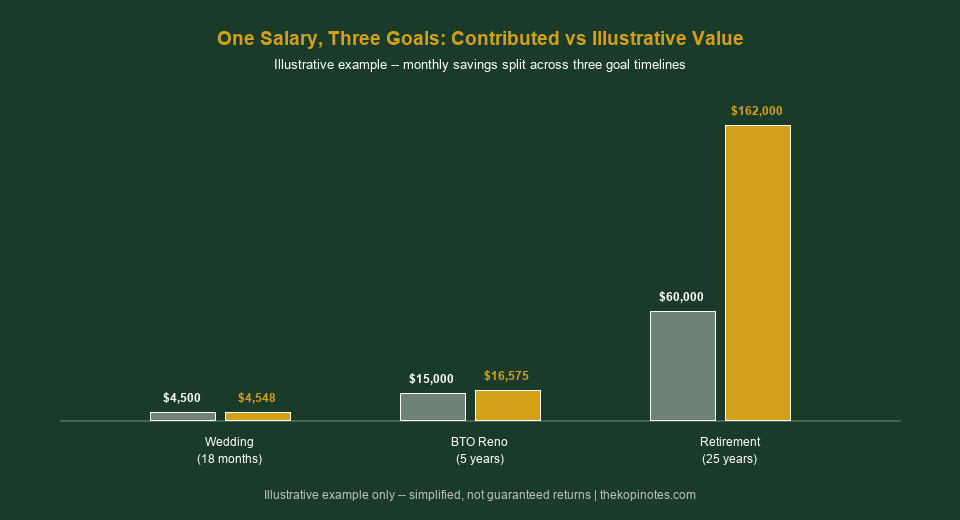 One salary three goals contributed versus illustrative value Singapore worked example chart