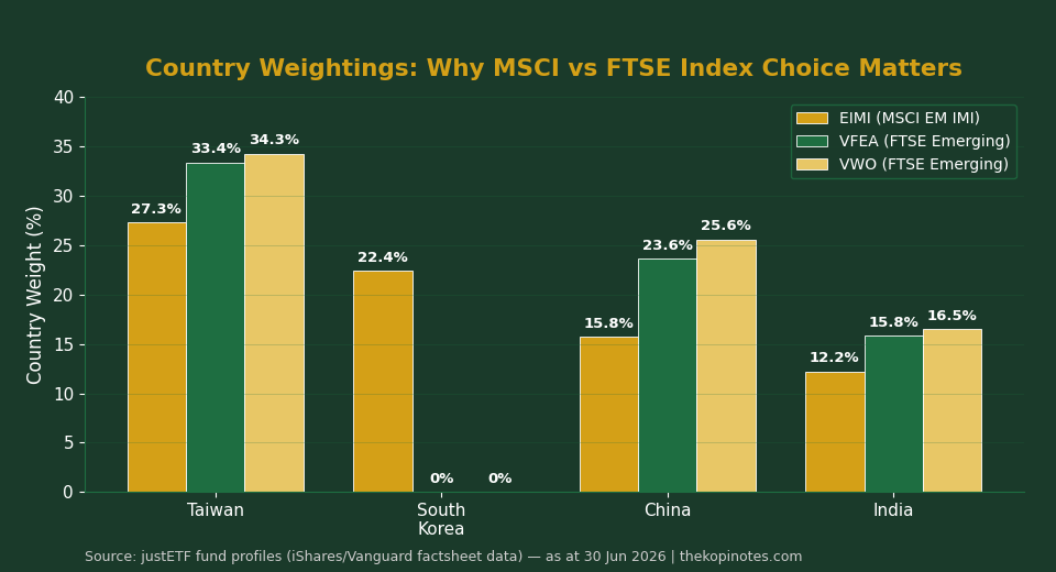 Emerging markets ETF country weighting comparison chart showing MSCI vs FTSE index differences including South Korea inclusion