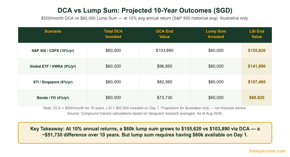 DCA vs lump sum investing SGD scenario comparison — The Kopi Notes