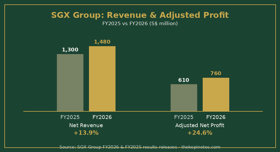 Bar chart comparing SGX Group net revenue and adjusted net profit FY2025 vs FY2026: net revenue up 13.9% to S$1.48 billion, adjusted net profit up 24.6% to S$759.5 million