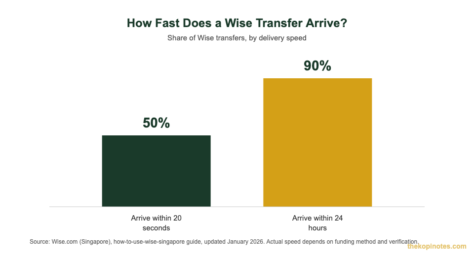 Wise transfer speed chart — percentage of Wise transfers arriving within 20 seconds vs 24 hours for Singapore senders