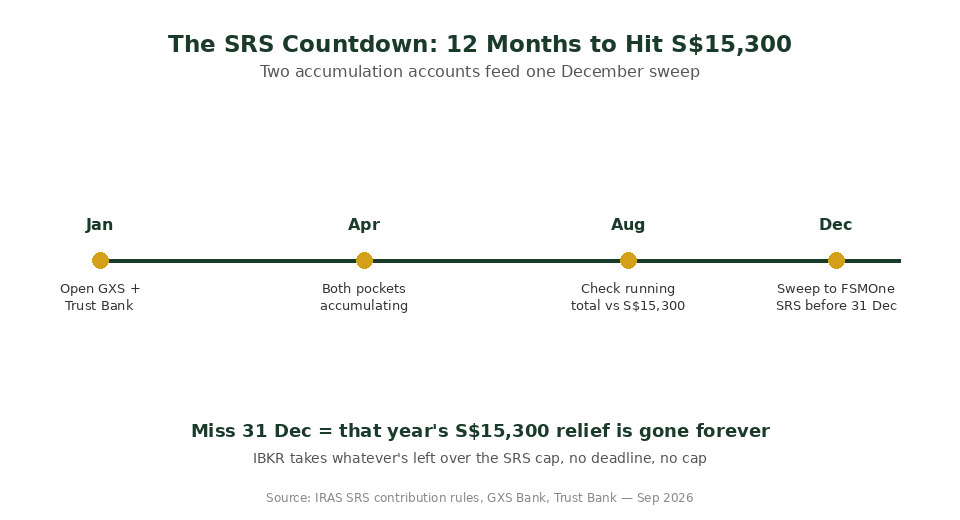 Timeline chart showing 12 month countdown to the December 31 SRS contribution deadline in Singapore