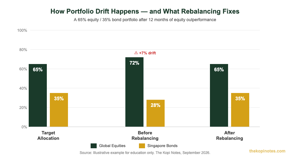 Portfolio drift before and after rebalancing — Singapore investors 65/35 allocation