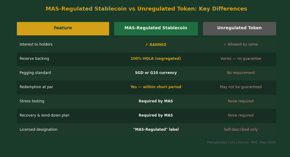 MAS regulated stablecoin vs unregulated token comparison table 2026