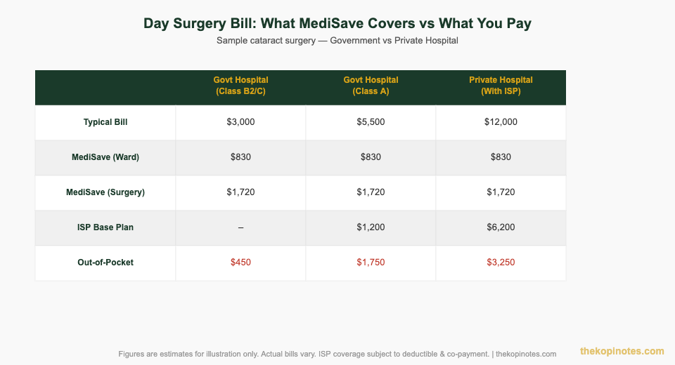 Day surgery bill breakdown — MediSave vs ISP coverage comparison for Singapore patients 2026