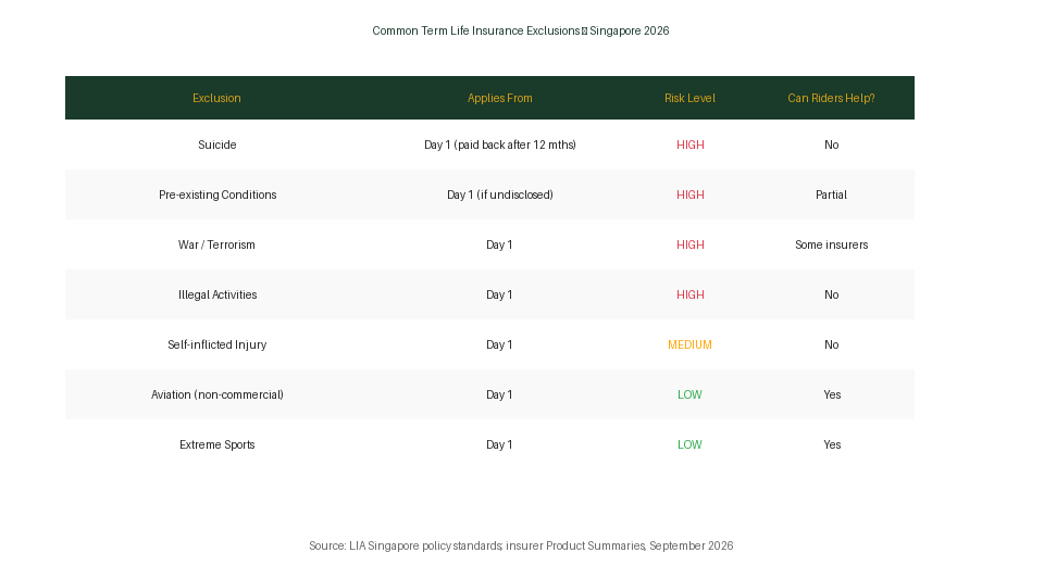 Term life insurance exclusions comparison table Singapore 2026 — The Kopi Notes