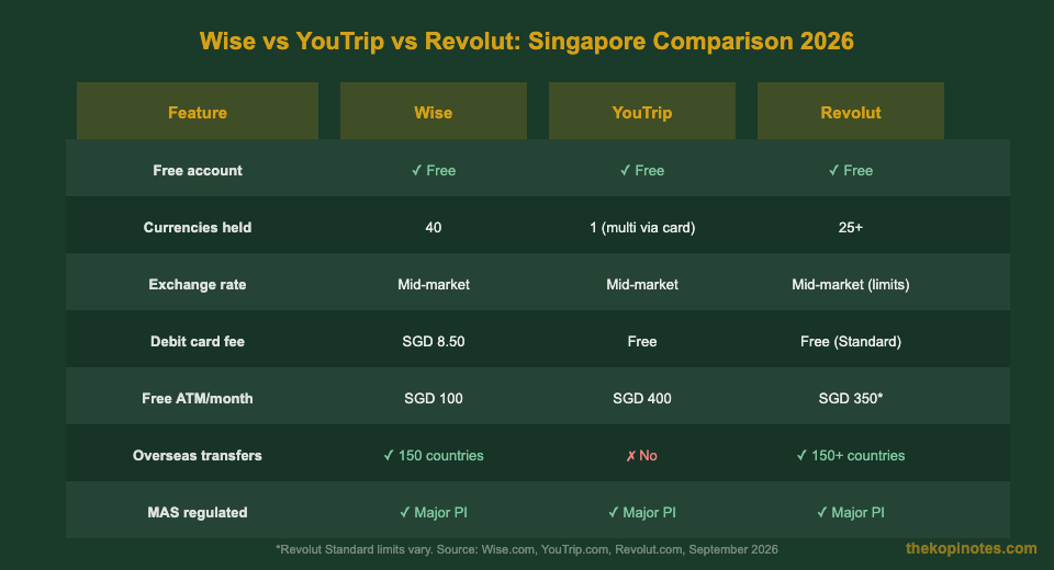 Wise vs YouTrip vs Revolut comparison table Singapore 2026