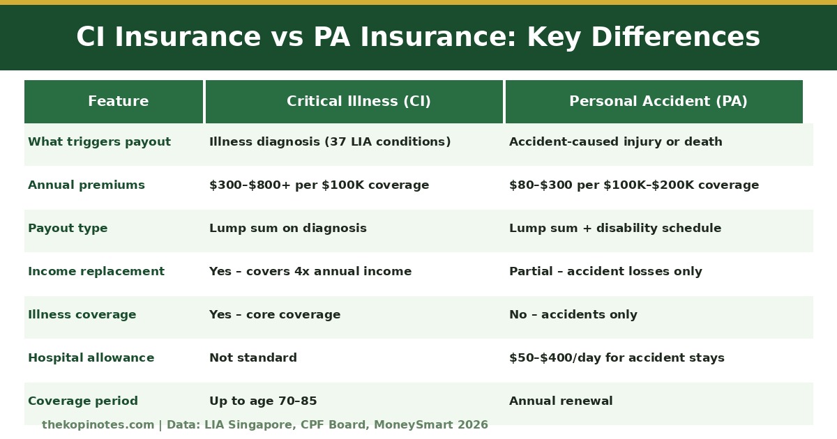 Critical illness vs personal accident insurance key differences Singapore 2026