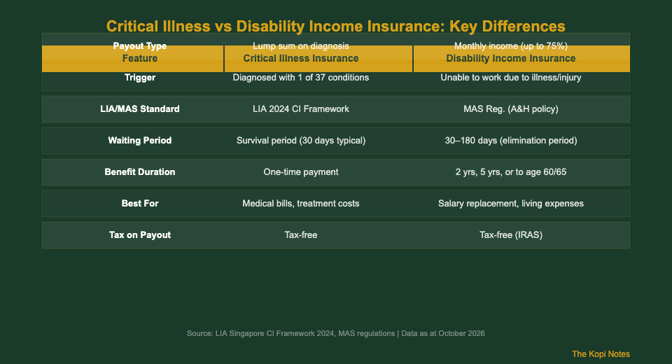 Critical illness insurance vs disability income insurance key differences comparison table Singapore