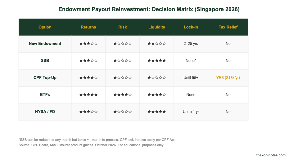 Endowment plan maturity Singapore 2026 decision matrix — comparing returns risk liquidity lock-in and tax relief across 5 options