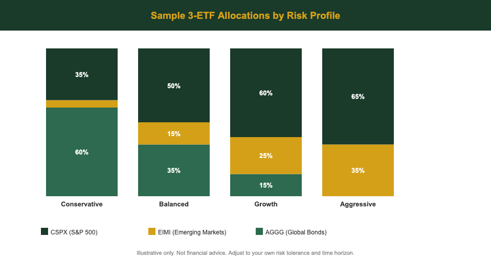 Sample 3-ETF portfolio allocations by risk profile for Singapore beginner investors — CSPX, EIMI, AGGG