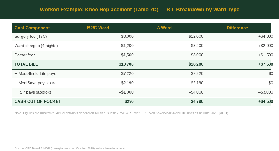 Knee replacement surgery cost breakdown by ward type Singapore 2026 MediSave MediShield Life worked example