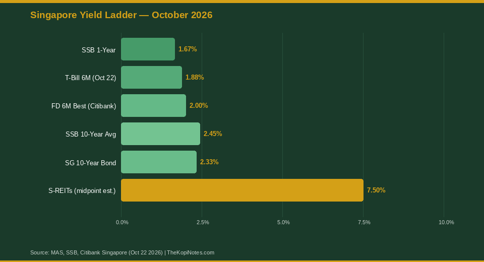 Singapore Yield Ladder October 2026 showing T-bills, SSB, Fixed Deposits, and S-REITs yields