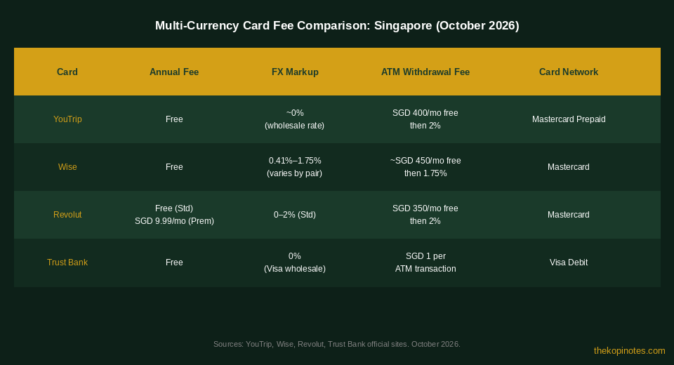 YouTrip vs Wise vs Revolut fee comparison chart for Singapore 2026 — The Kopi Notes