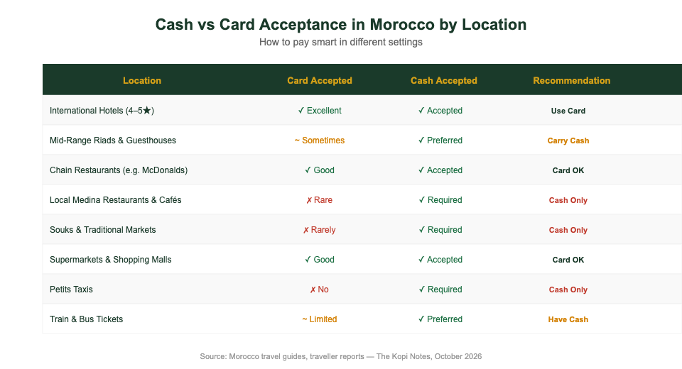 Cash vs card acceptance by location type Morocco travel guide for Singapore tourists